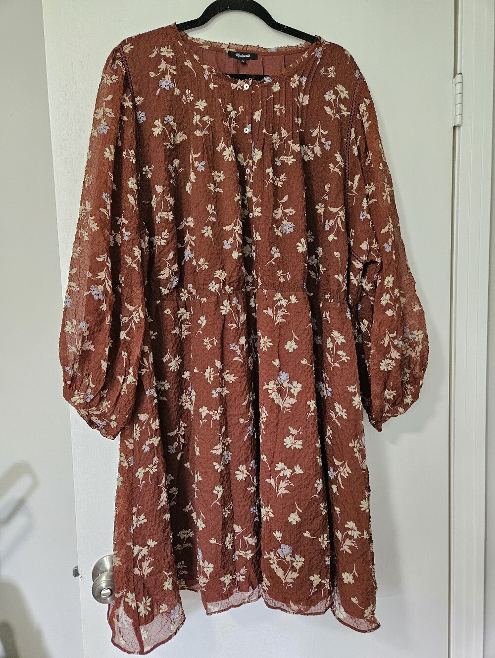 Madewell Plus Size Rust Brown Floral Crinkle Chiffon Balloon Sleeve Mini Dress 4